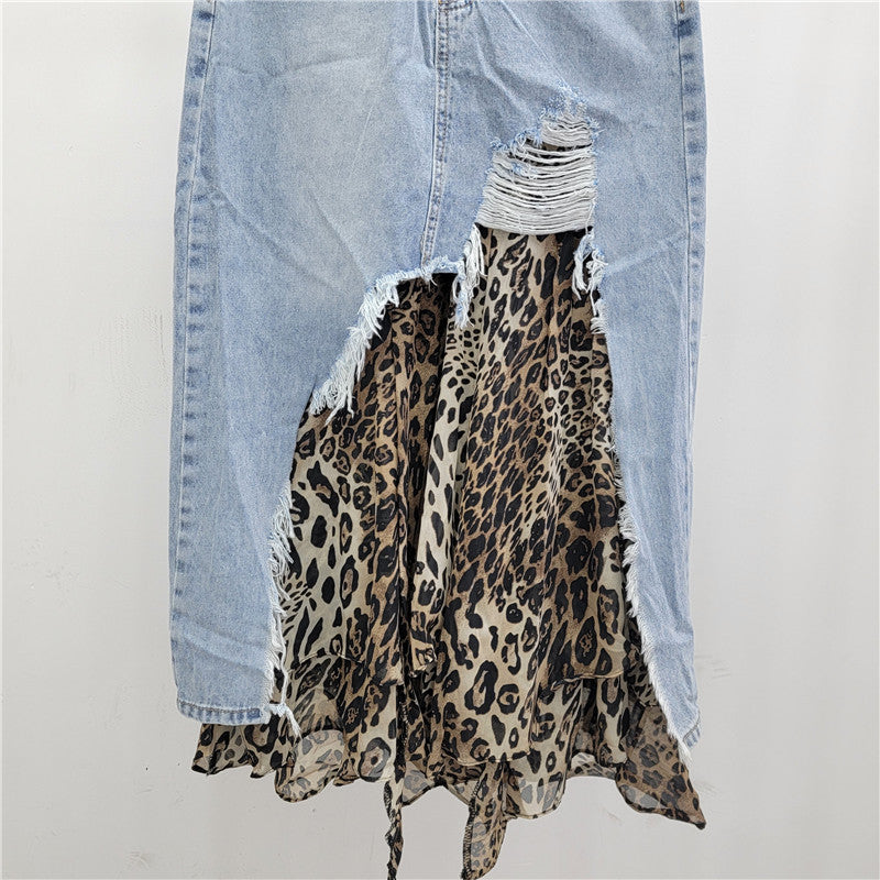 Autumn New Product: Cowboy Leopard Pattern Splicing Fake Two piece Half Skirt, Slimming and Slimming, Spicy Girl Style Half Skirt for Women