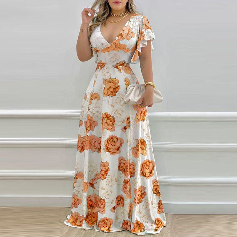 V-neck printed long sleeved dress with large swing and waist length