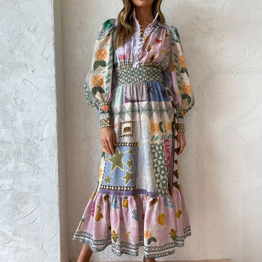 Anitrendy Colorful Printed Long-Sleeve Maxi Dress with Waist Cinching Design – Elegant Office & Summer Wear for Women, S–3XL