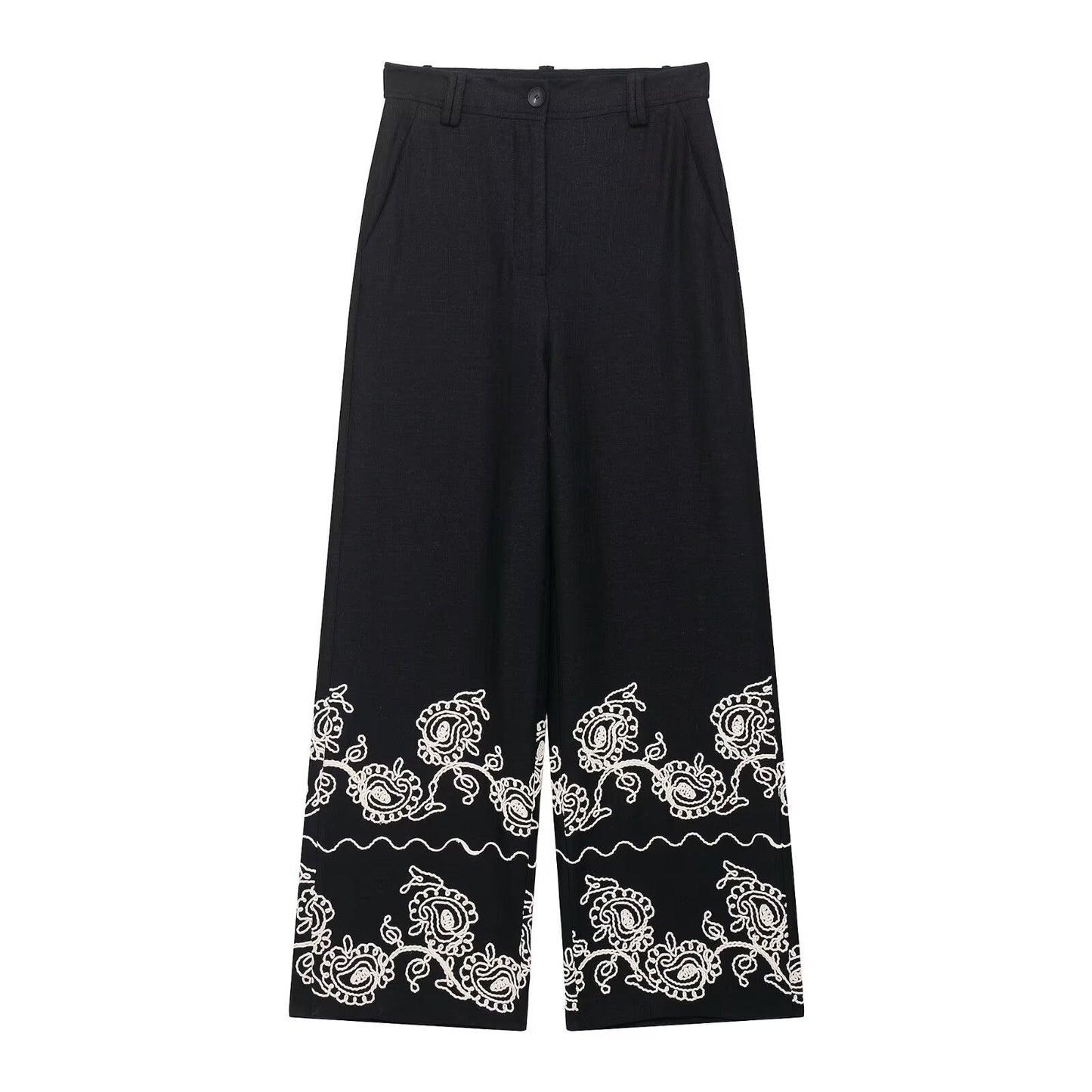 Women's European and American style round neck embroidered T-shirt+embroidered pants set