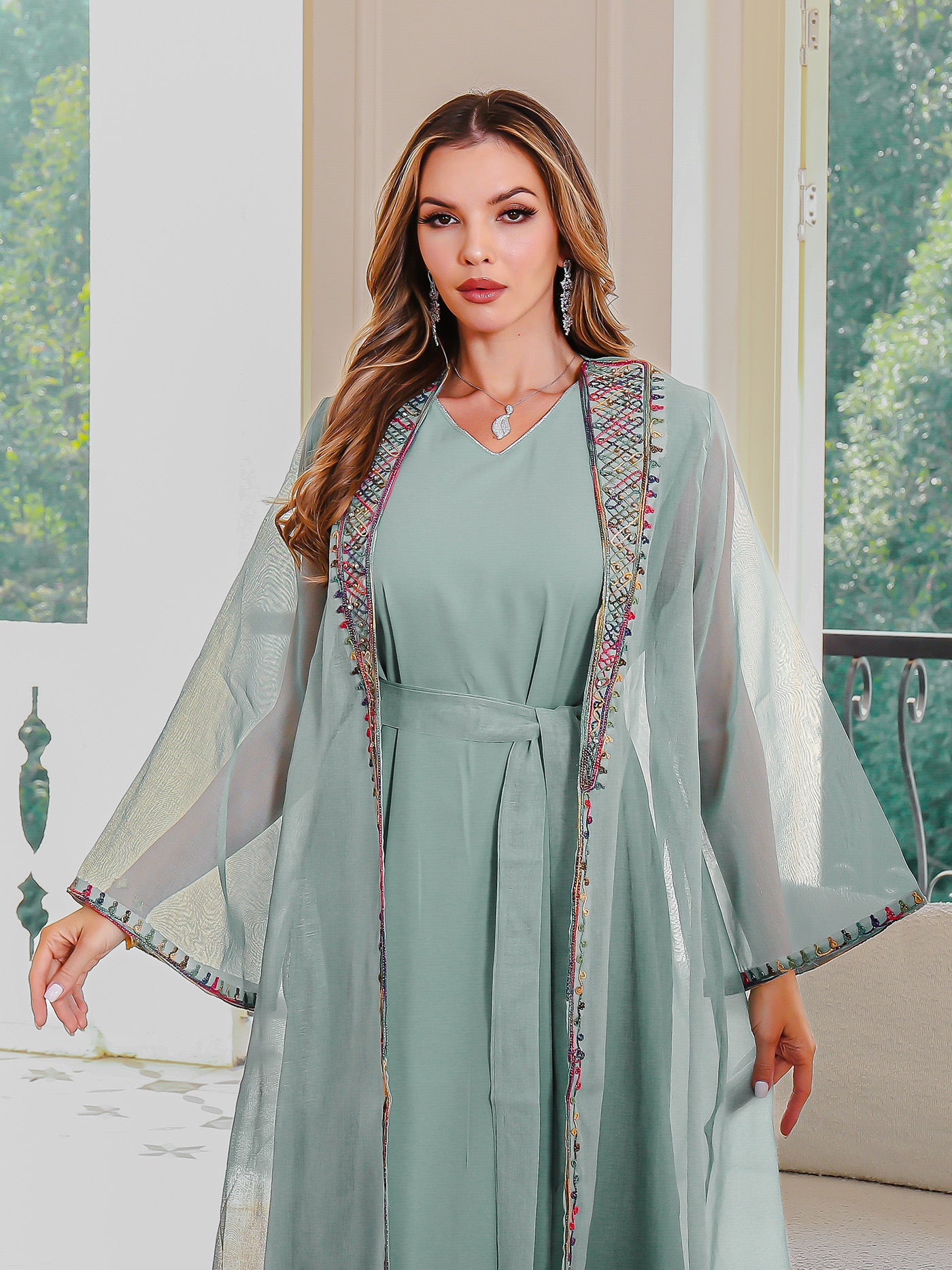 Muslim Two-Piece Dress Set Embroidered Mesh Long Dress Elegant Women's Maxi Dress