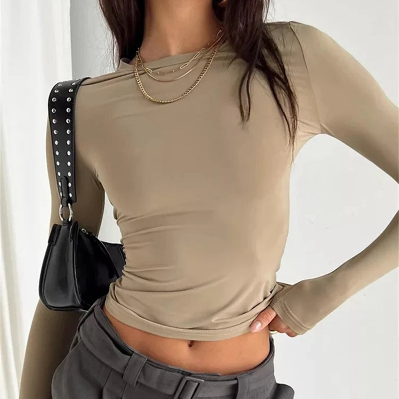 Women’s Slim Fit Long Sleeve Top – Stretch Casual Crop T-shirt, Y2K Streetwear UK