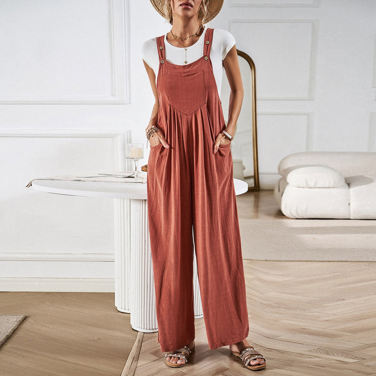 Solid color suspender pants for women's summer loose wide leg jumpsuit