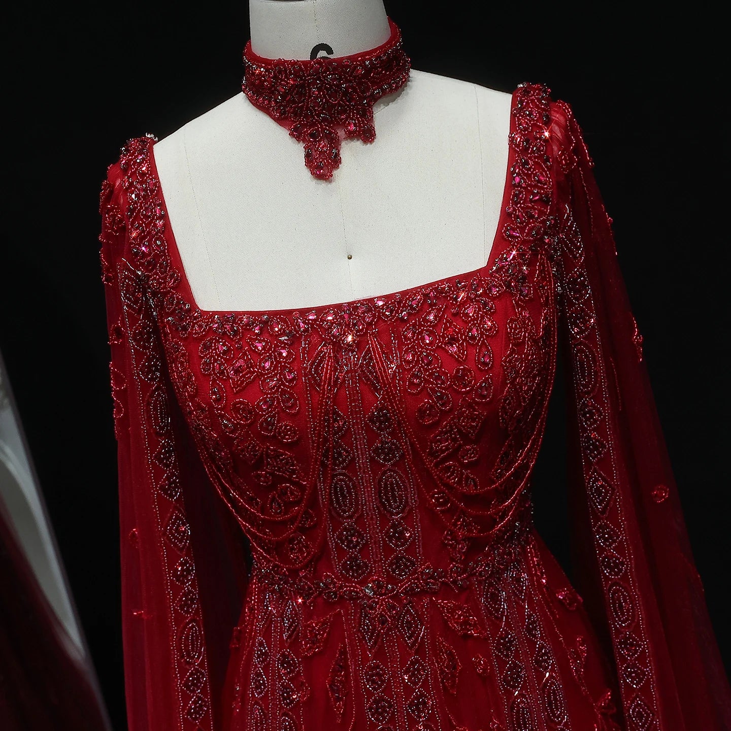 Sharon Said Luxury Dubai Nude Arabic Evening Dress with Cape Sleeves Chocker Wine Red Women Wedding Party Gowns SS543 Customized