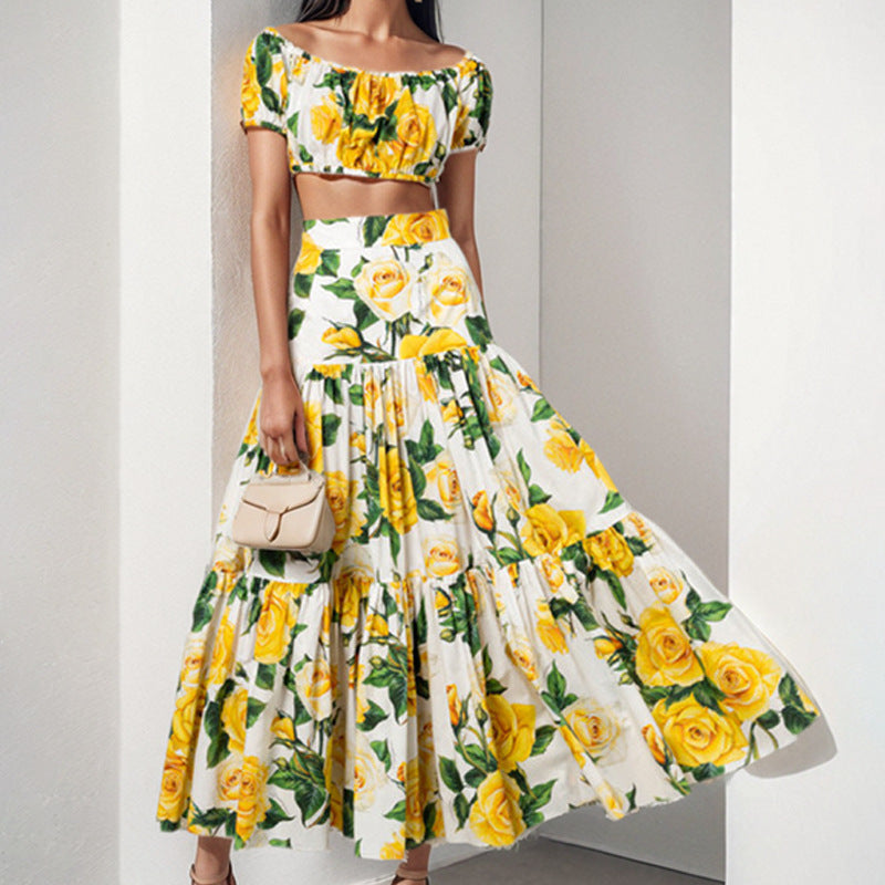 Anitrendy Elegant Yellow Floral Off-Shoulder Crop Top and High-Waist Long Skirt Two-Piece Set for Women S–3XL