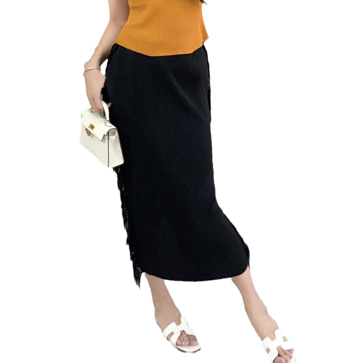 Tassel Knitted Half length Skirt for Women Autumn/Winter, pleated mid length, A-line temperament, hip hugging long skirt