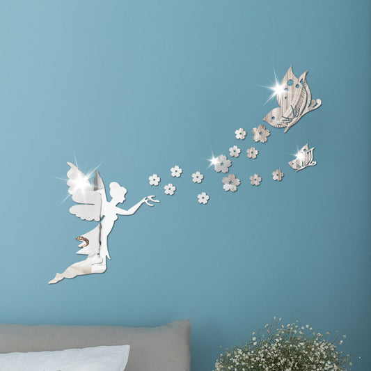 Angelic Flying Mirror Wall Stickers, Fairy Scattering Flowers Acrylic DIY Decorations for Living Room and Dining Room, New Arrival Butterfly and Flower Designs