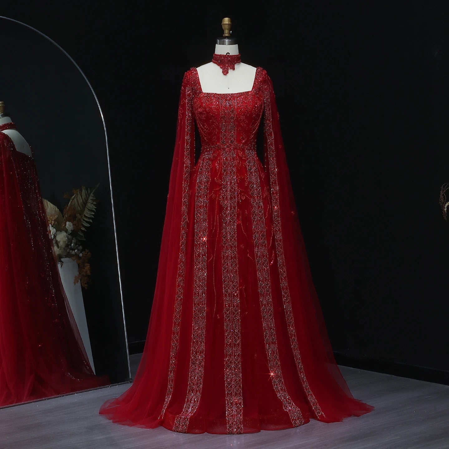 Sharon Said Luxury Dubai Nude Arabic Evening Dress with Cape Sleeves Chocker Wine Red Women Wedding Party Gowns SS543 Customized
