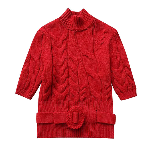 European and American style women's clothing French fashion versatile high neck with belt knitted sweater