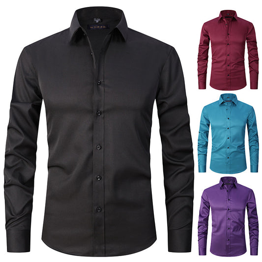 Solid color elastic shirt men's long sleeved cross-border men's fashion shirt men's top slim fit men's clothing