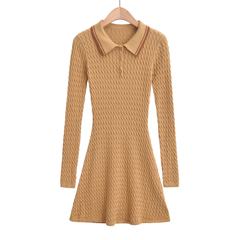 Women's polo collar button design, slim fit and waist cinching, spicy girl long sleeved knitted dress