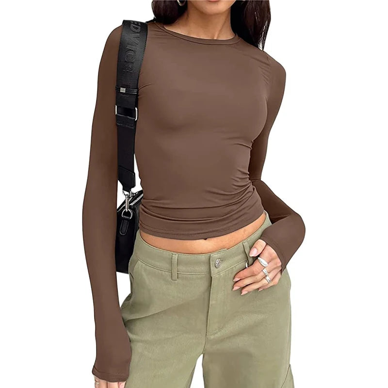 Women’s Slim Fit Long Sleeve Top – Stretch Casual Crop T-shirt, Y2K Streetwear UK