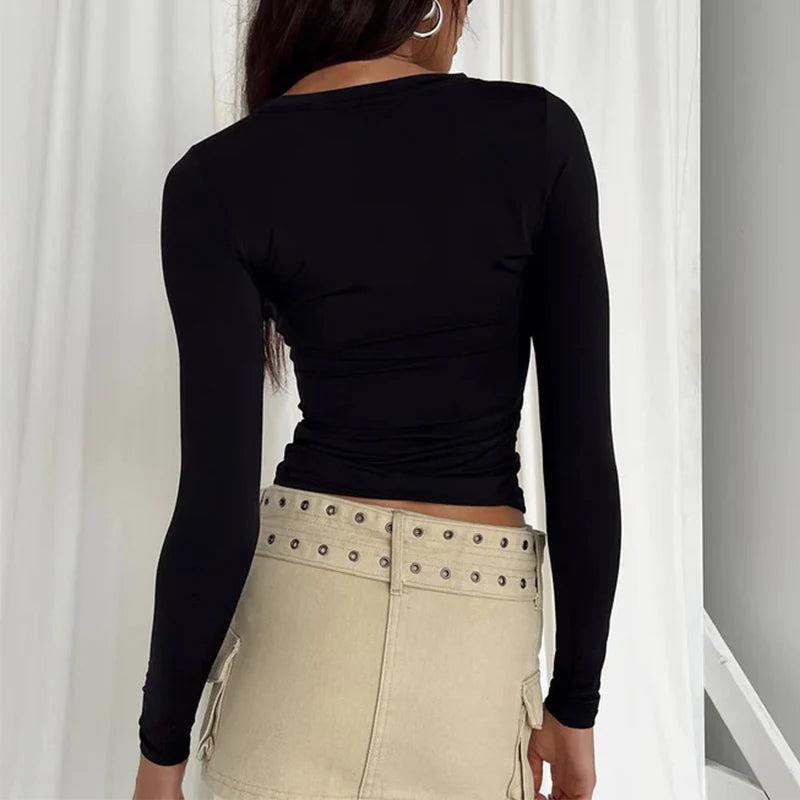 Women’s Slim Fit Long Sleeve Top – Stretch Casual Crop T-shirt, Y2K Streetwear UK