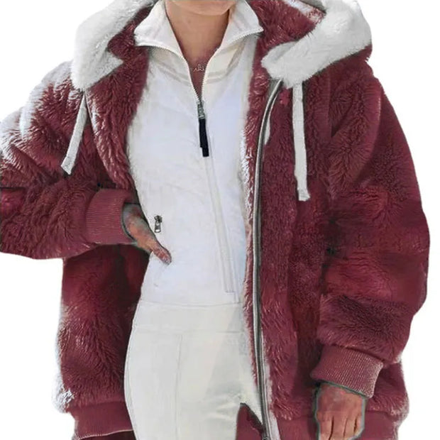 Winter Women Jackets Plush Casual Oversize Fleece Plaid Y2K Hooded Zipper Fashion Cashmere Warm Solid Color Ladies Coats
