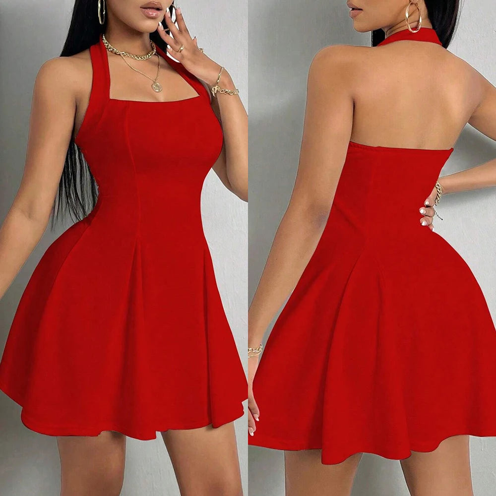 Mia Muse All Seasons Women's Dresses Fashion Halter Square Neck Pleated A-Line Mini Elegant Sexy Milkmaid Dress