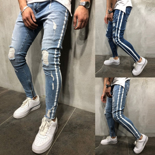 Ripped Side Striped Jeans Fashion Streetwear Mens Skinny Stretch Jeans Pants Slim Casual Denim Jeans jeans hombre