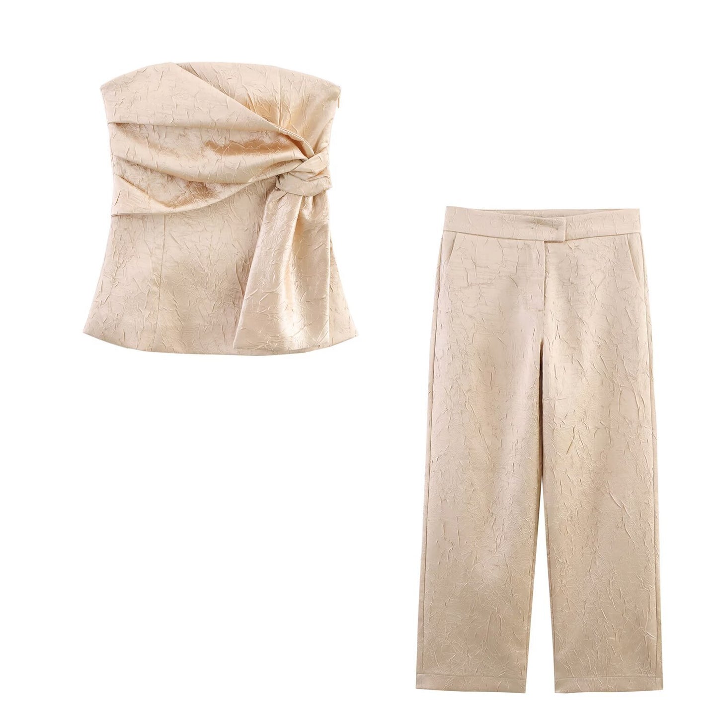 Wrinkled strapless top+straight leg pants set for women