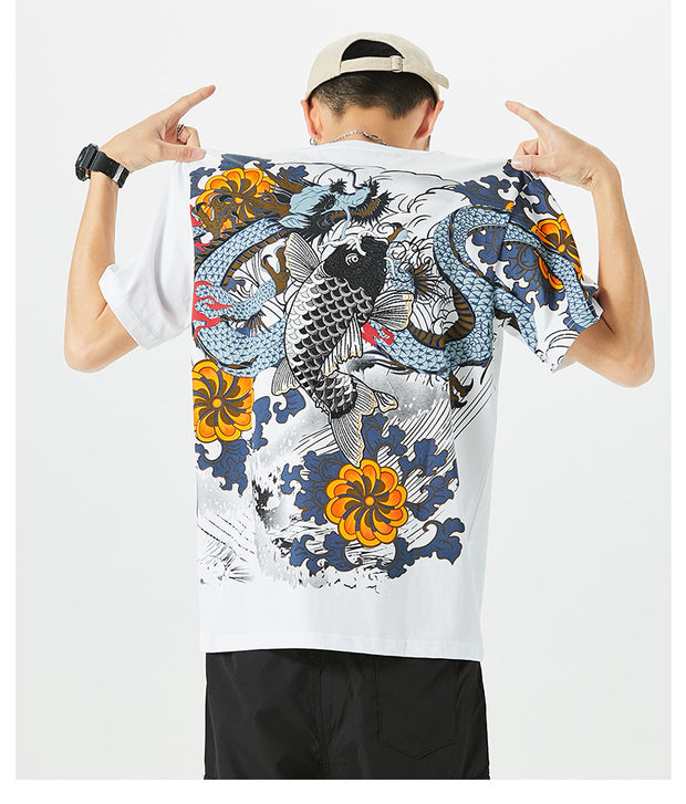 Summer New China Chic Carp Embroidery Short Sleeve T shirt Men Loose Large Cotton Half Sleeve Top Men Wear