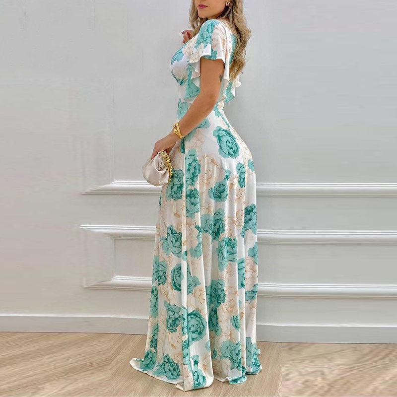 V-neck printed long sleeved dress with large swing and waist length