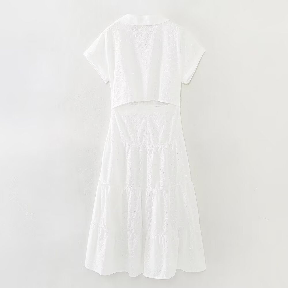 Fashionable hollowed out embroidered shirt style MIDI dress for women