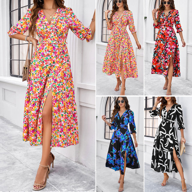 European and American women's summer vacation casual printed dress