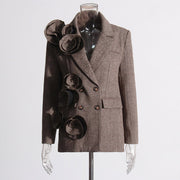 Temperament retro style double breasted suit jacket handmade three-dimensional flower design woolen suit for women