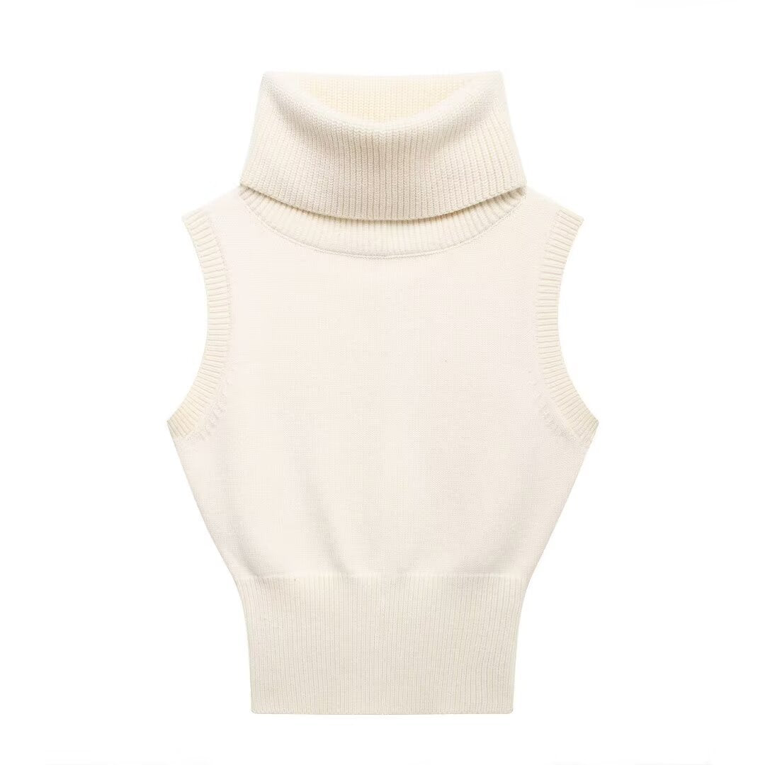 Autumn new fashion high neck sleeveless solid color slim fit short knitted vest for women