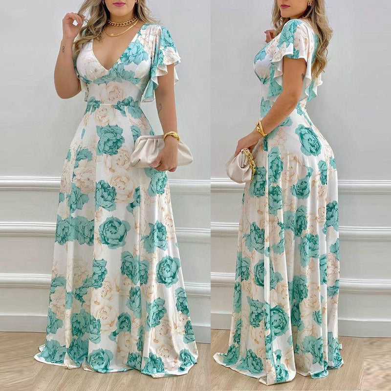 V-neck printed long sleeved dress with large swing and waist length