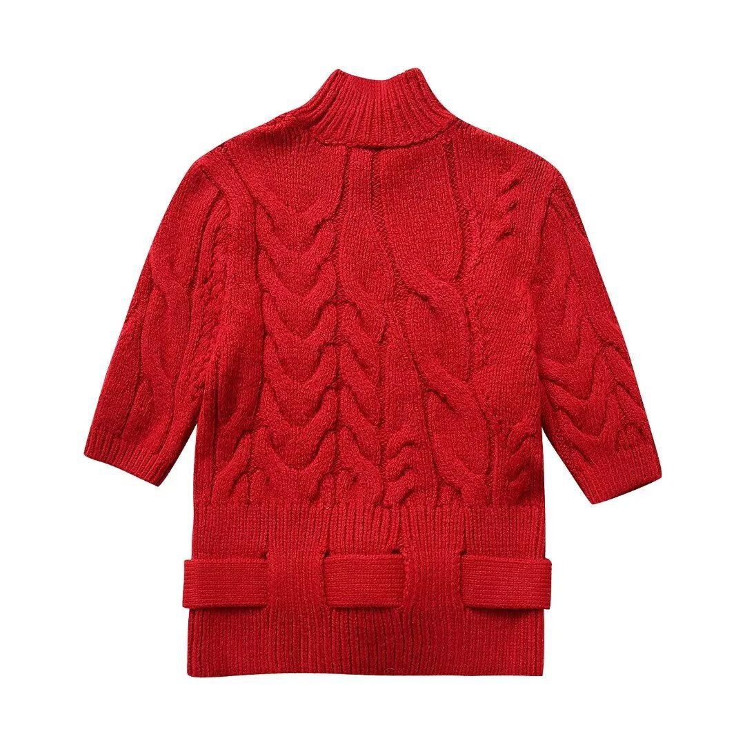European and American style women's clothing French fashion versatile high neck with belt knitted sweater
