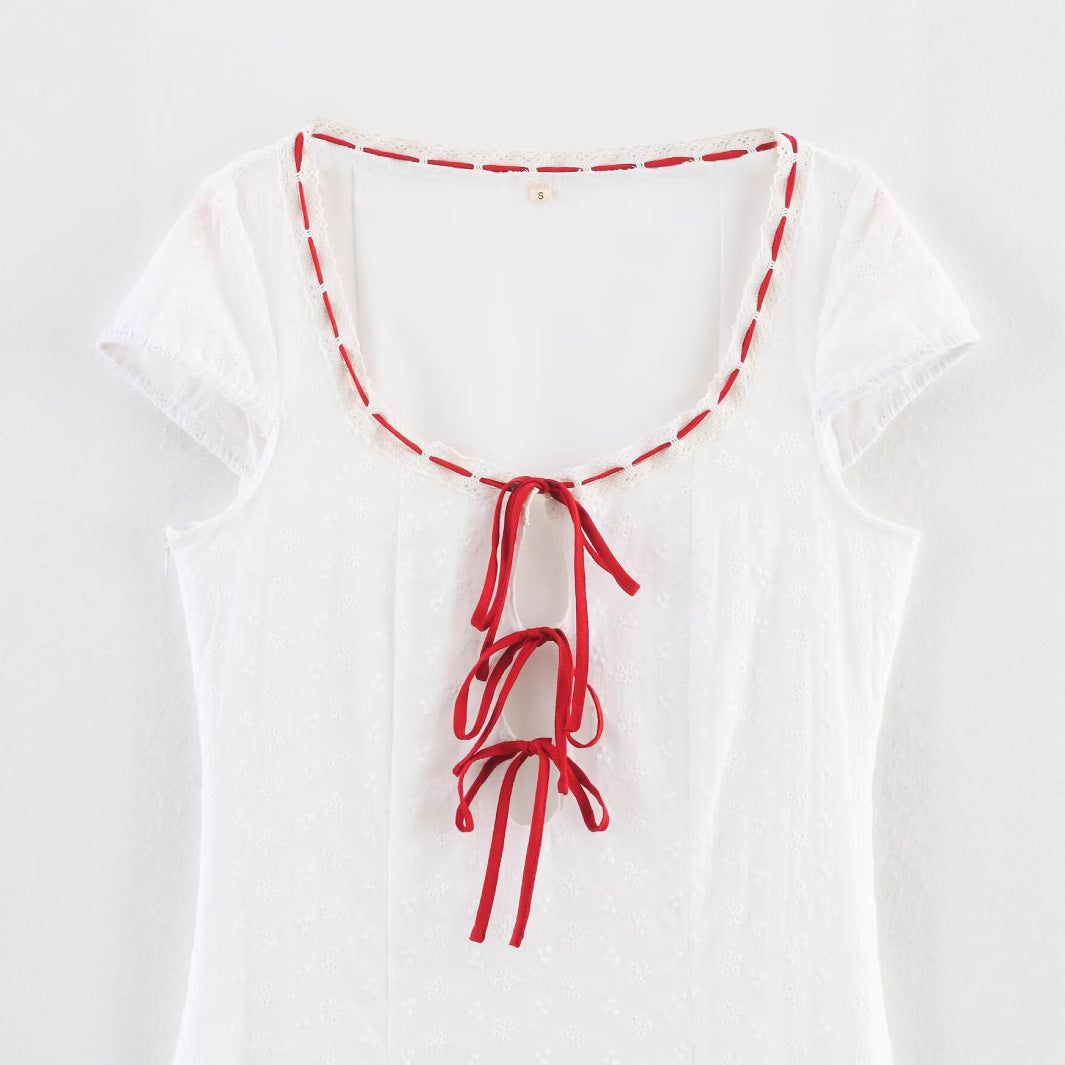 Fashion lace patchwork embroidered round neck lace up dress for women