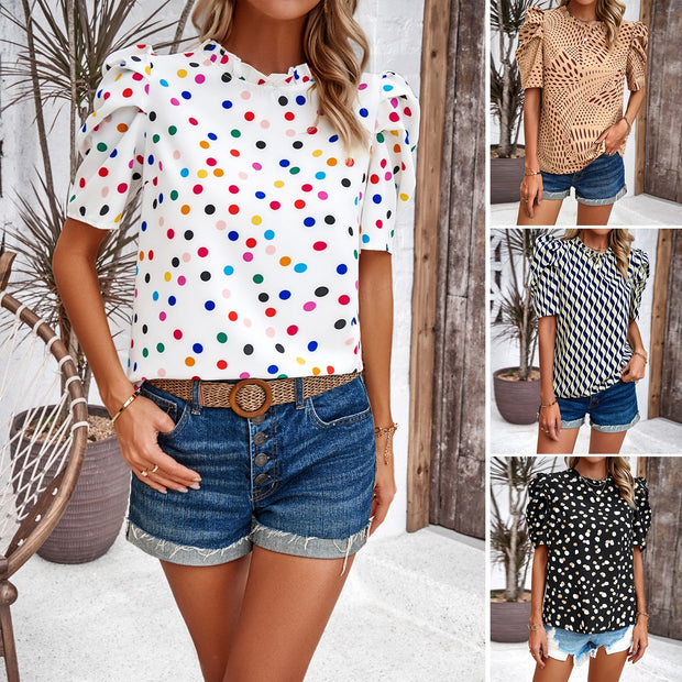 Independent Station Spring/Summer Leisure Style Bubble Sleeve Printed Top