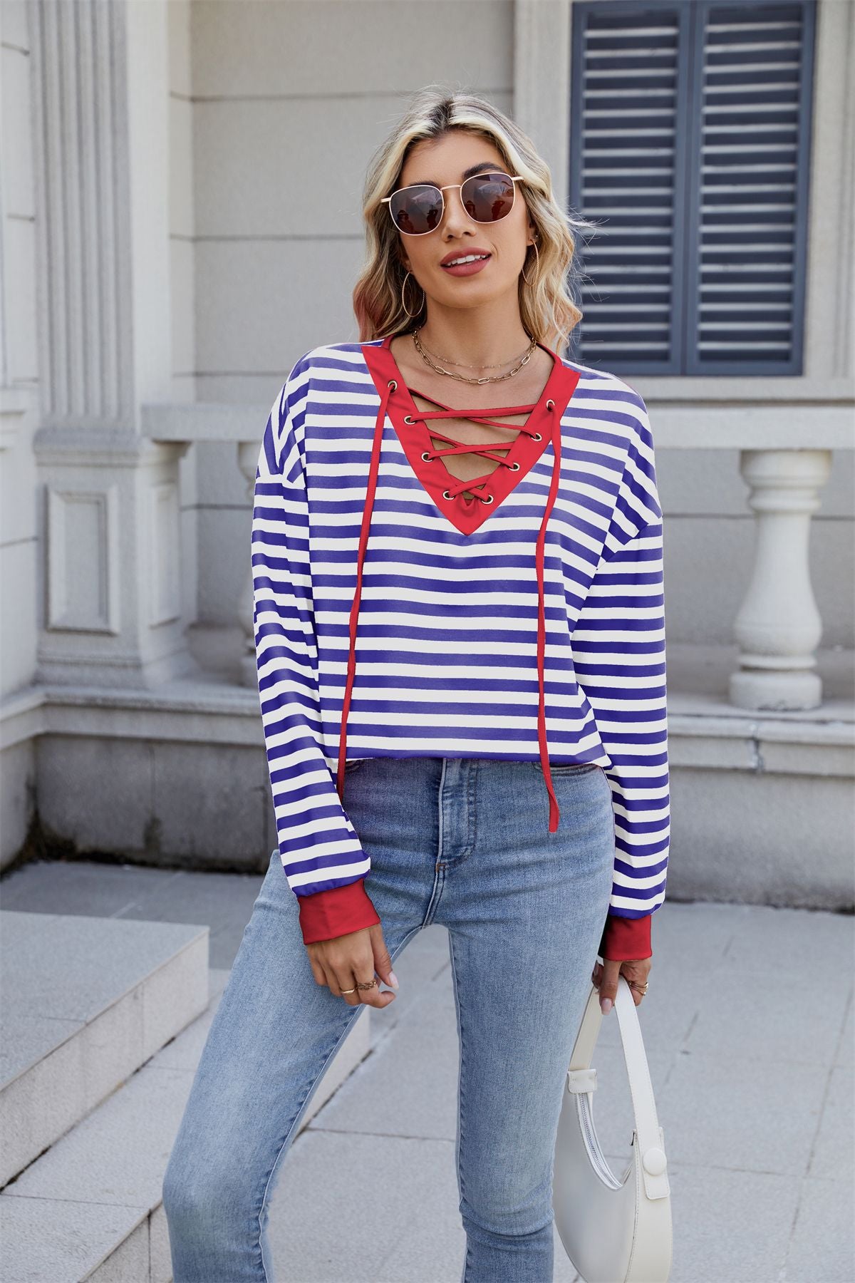 Anitrendy Women’s Striped V-Neck Long-Sleeve Hoodie with Belt Detail – Casual Fashion Pullover for All Seasons, Sizes S–2XL