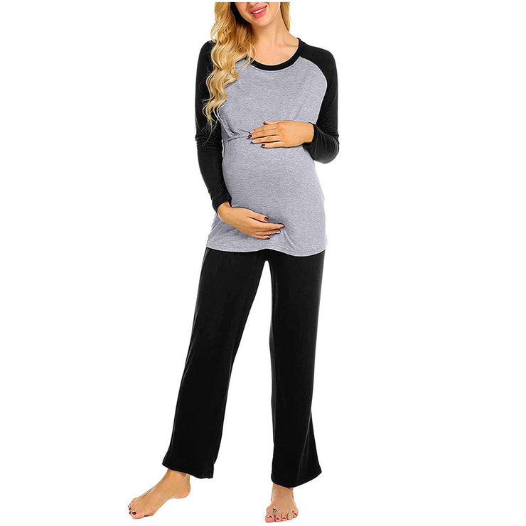 European and American soft and comfortable color matching maternity home clothing, nursing long sleeved pants set