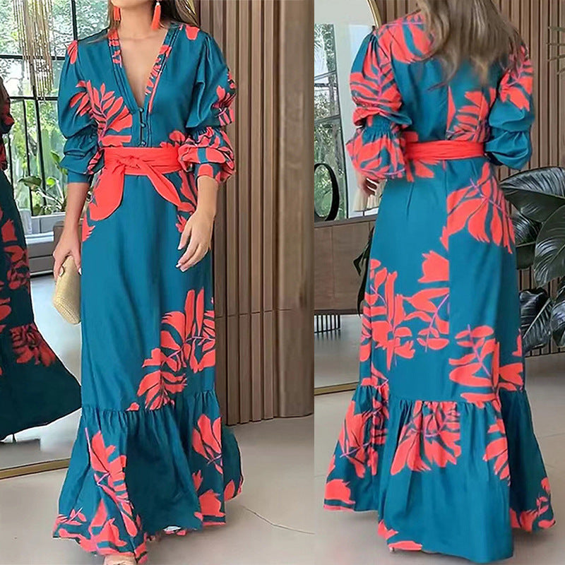 Button V-neck elegant printed waist cinching lace up big swing dress