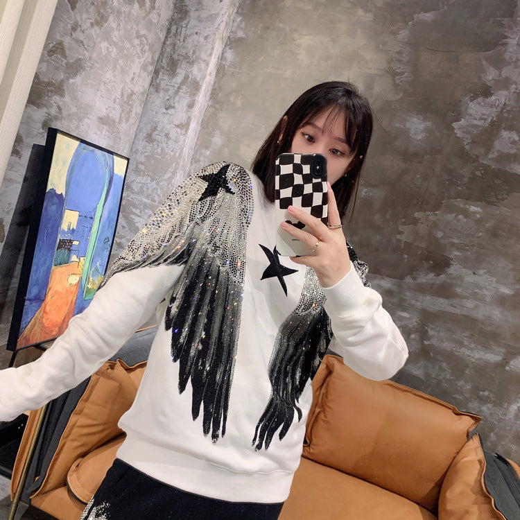 Autumn and winter luxury fashion hoodie for men and women, heavy-duty hot stamping, full diamond, large wings, wings, round neck pullover, couple style