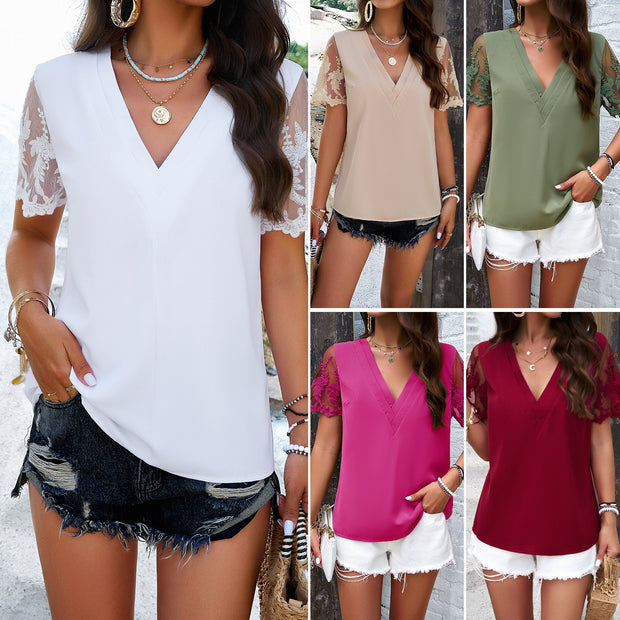 European and American Lady's T spring/summer temperament solid color V-neck jacquard top