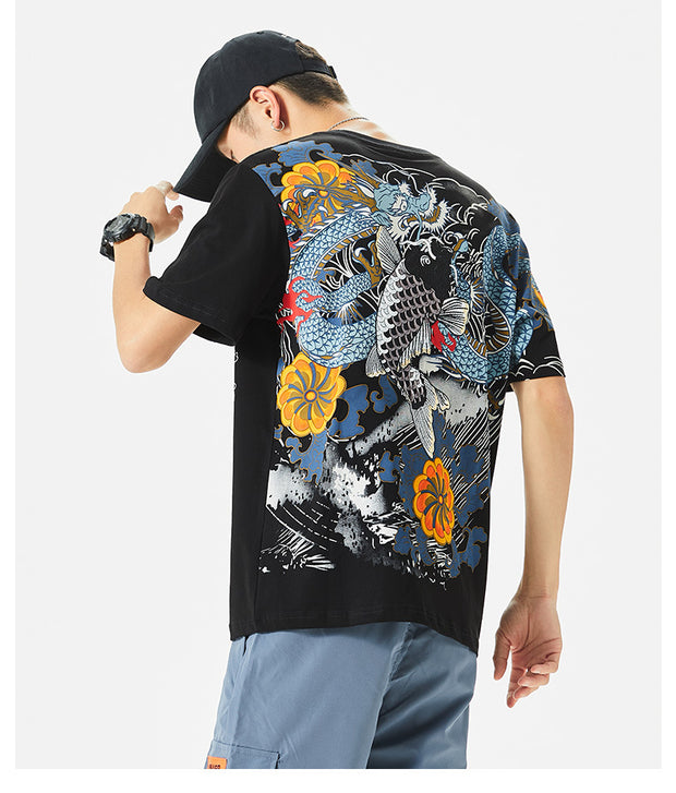 Summer New China Chic Carp Embroidery Short Sleeve T shirt Men Loose Large Cotton Half Sleeve Top Men Wear