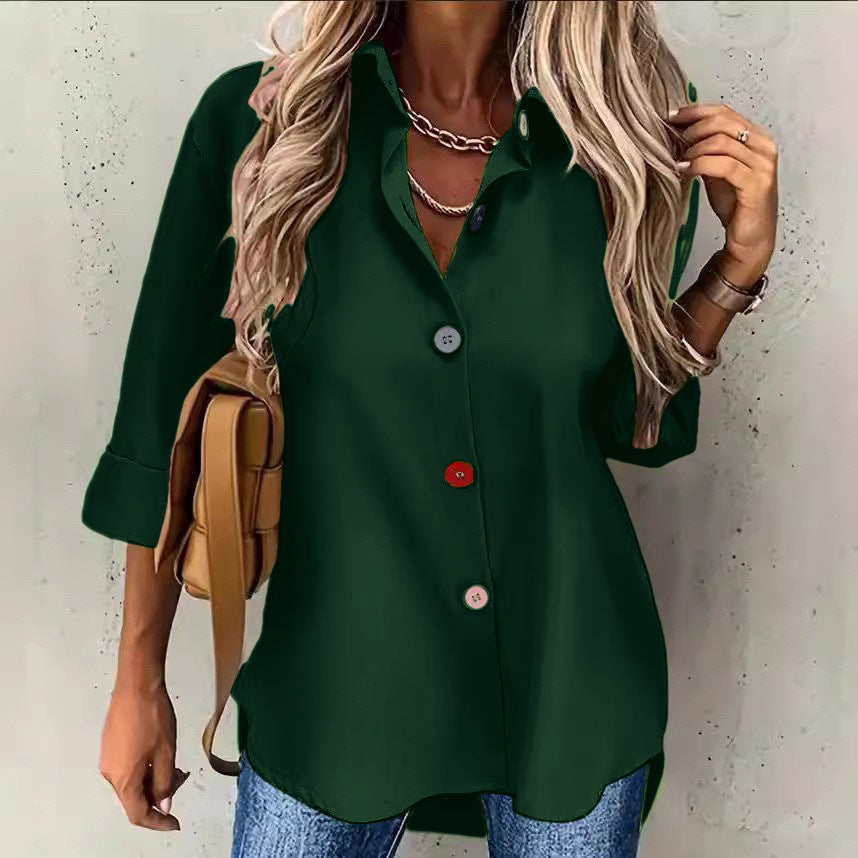 Anitrendy Women’s Solid Color Long Sleeve Button-Up Shirt – Elegant Casual Top with Multicolor Buttons