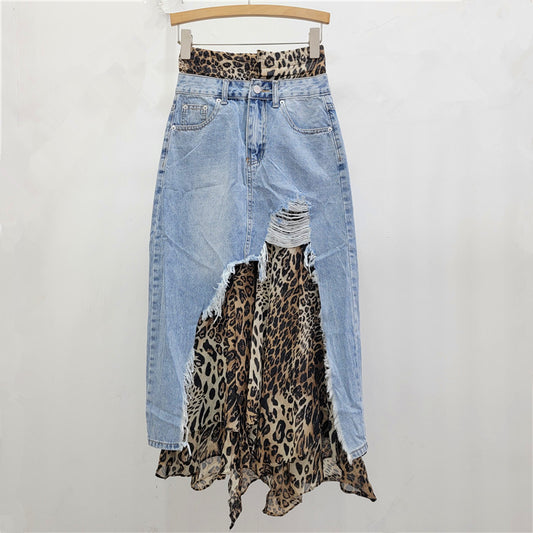 Autumn New Product: Cowboy Leopard Pattern Splicing Fake Two piece Half Skirt, Slimming and Slimming, Spicy Girl Style Half Skirt for Women