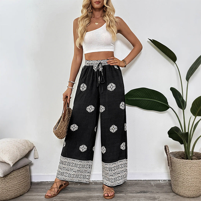 Ethnic style printed straight leg pants with elastic waistband and drawstring, casual and comfortable straight leg pants for women