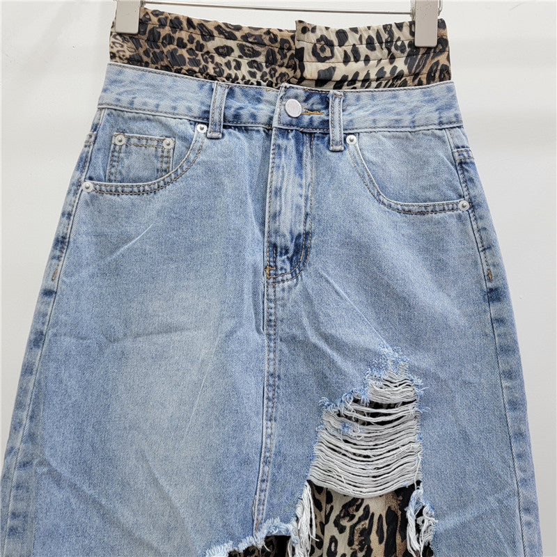 Autumn New Product: Cowboy Leopard Pattern Splicing Fake Two piece Half Skirt, Slimming and Slimming, Spicy Girl Style Half Skirt for Women