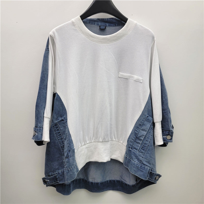 Retro style front short back long irregular patchwork denim design, round neck loose batball sleeve top for women