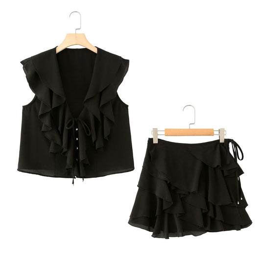 Women's Layered Decorative Sleeveless V-neck Blouse and Elegant Mid-waist Skirt Pants