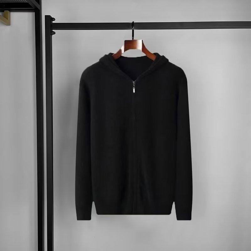 Cashmere hoodie men's cardigan loose knit wool sweater with cap thin hooded sweater zipper top