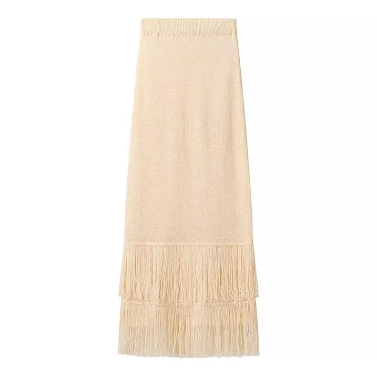 INS popular elegant tassel knitted irregular top and skirt set