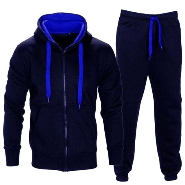 Casual Solid Tracksuit Zipper Hooded Sweatshirt Jacket +Sweatpants Mens Tracksuit