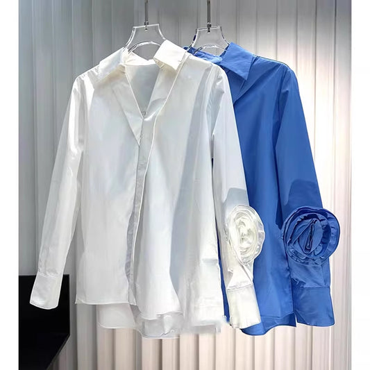 Early spring women's design sense three-dimensional flower shirt long sleeve solid color loose shirt