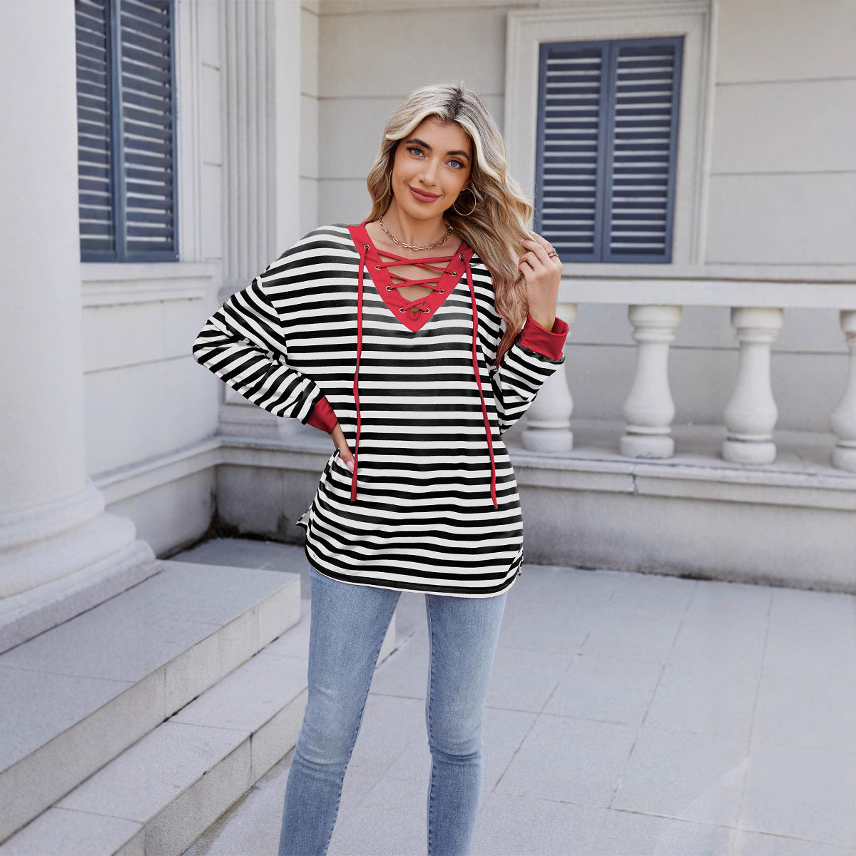 Anitrendy Women’s Striped V-Neck Long-Sleeve Hoodie with Belt Detail – Casual Fashion Pullover for All Seasons, Sizes S–2XL