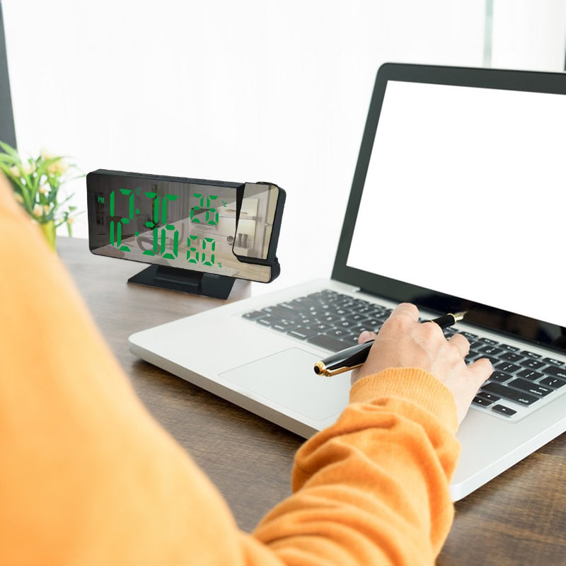 Digital Alarm Clock with Mirror Display, Projection, Temperature & Humidity – USB Powered