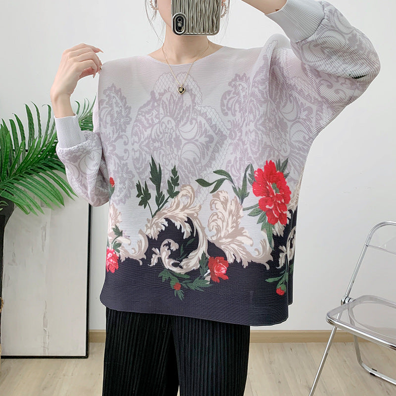 Anitrendy Pleated Printed Loose Fit Top – Women’s Floral Batwing Sleeve Blouse, Plus Size, Belly Covering, Relaxed Commuting Style